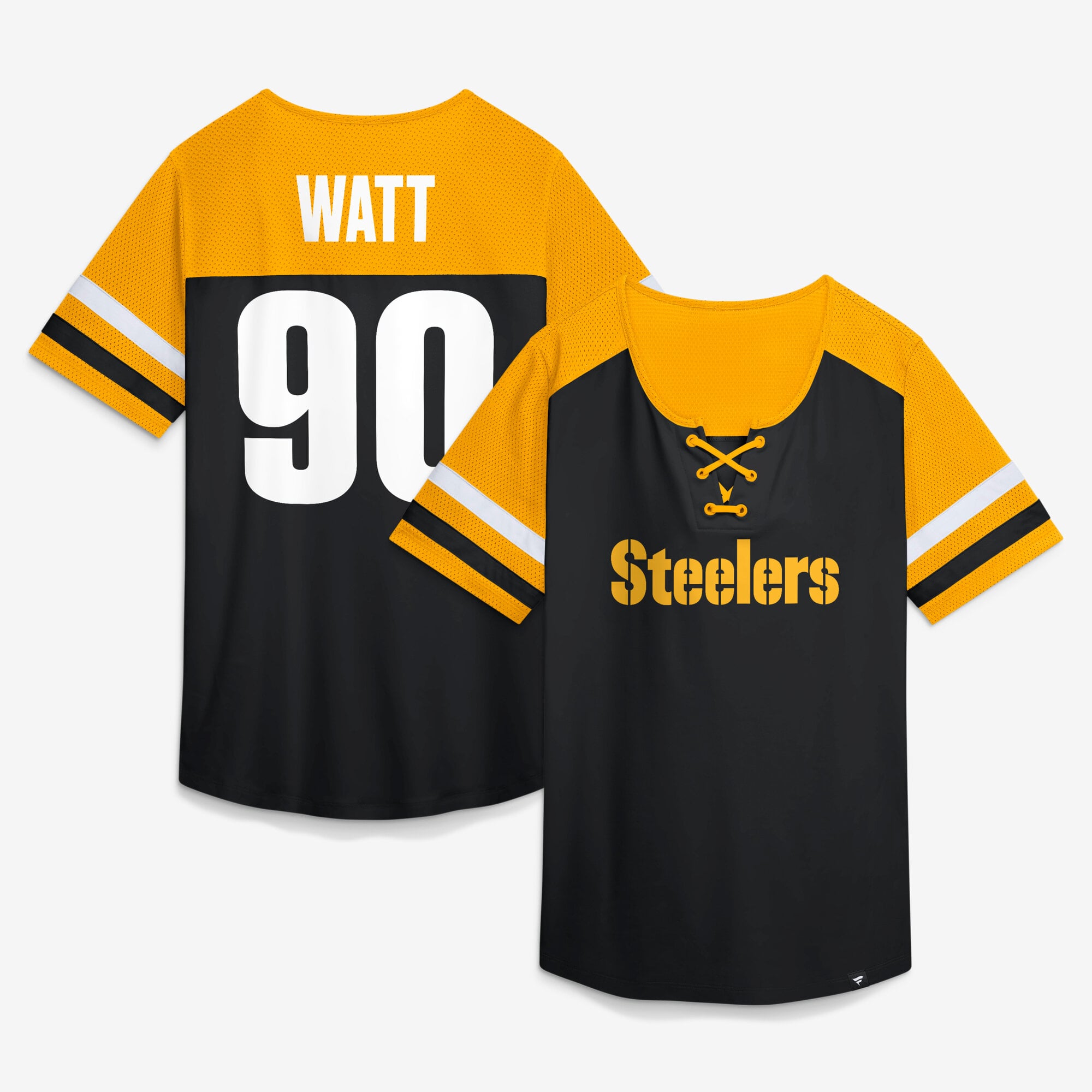 T-shirt Fanatics T.J. Watt noir Pittsburgh Steelers Curl Route Athena à lacets avec nom et numéro pour femme